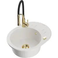 Mexen Kevin 1 Becken-Granitspüle mit Abtropffläche und Mischbatterie Aster, Weiß - 6517-20-73450-57-G