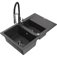 Mexen Gaspar 1,5-Becken-Granitspüle mit Abtropffläche und Mischbatterie Aster, Schwarz gesprenkelt - 6507-76-73450-07-B