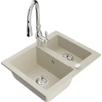 Mexen Carlos 1,5-Becken-Granitspüle mit Mischbatterie Savita, Beige - 6518-69-672601-00