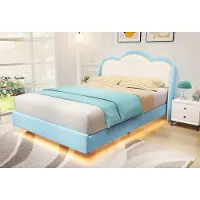 HOMAVO Polsterbett 90x200cm Kinderbett, Einzelbett mit LED-Beleuchtung, Polsterbett aus Samt mit Wolken-Design, Schwebebett