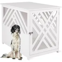 WONDERMAKE® Design Hundekäfig aus Holz für Zuhause Wohnung mit Beistelltisch, Hundebox fürs Wohnzimmer Indoor, 90x60 cm weiß