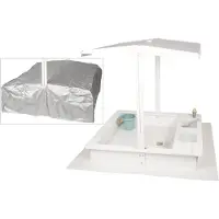 WONDERMAKE® Design Sandkasten mit Matschküche, Dach, Abdeckung OXFORD 420D, Vliesfolie, Sandkiste Holz quadratisch verschließbar Outdoor Garten für Kinder, weiß silber