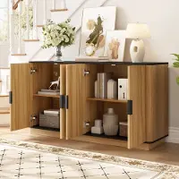 OKWISH Sideboard aus Spanplatte in Natur, 139 x 40 x 75 cm, Wellenoptik, leise Dämpfungsscharniere, geschlossener Stauraum