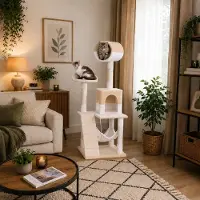 Belviona Katzenkratzbaum, Kletterbaum für Katzen mit Höhle, Hängematte, Treppe & Liegeplattform, 133 cm, beige/weiß