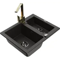 Mexen Carlos 1,5-Becken-Granitspüle mit Mischbatterie Rita, Schwarz/Gold metallisch - 6518-75-670300-50-B
