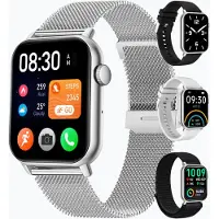 Siltcon Smartwatch Pro Herren und Damen mit Telefonfunktion – 1,85 Zoll AMOLED, 123 Sportmodi und Schrittzähler – 4 Armbänder – Silber