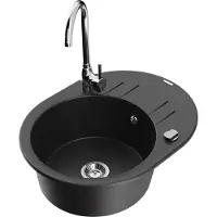 Mexen Kevin 1 Becken-Granitspüle mit Abtropffläche und Mischbatterie Telma, Schwarz/Silbermetallic - 6517-73-670200-00