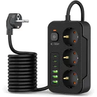 Tech-Protect Pc3X6 Steckdosenleiste 3 Usb & 3 Typ-C & 3 Steckdosen 200Cm Schwarz