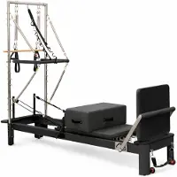 PH Fitness Aluminium Pilates Reformer mit Half Trapeze Tower – Profi Gerät mit 6 Federn, verstellbarer Fußstange & Premium Polsterung - Schwarz