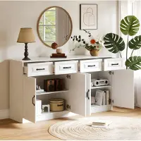 OKWISH Sideboard Kommode 4 Schubladen und 4 Türen Aufbewahrungsschrank mit Metallgriffen und 2 Ablageflächen geriffeltem Design Wohnzimmerschrank Viel Stauraum Weiß