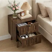 OKWISH Nachttisch aus MDF und Spanplatte in Walnuss, 43,5x40x57,5 cm, mit 2 Schubladen und gerillter Front