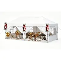 Costway Faltpavillon 3x6m mit 4 Seitenwänden, Gartenpavillon höhenverstellbar, Pop-Up Pavillon mit 6 Sandsäcke & Rolltasche, Partyzelt Pavillon Weiß