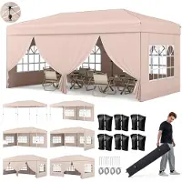 Costway Pavillon 3x6m, Pop-up Faltpavillon Partyzelt mit Metallrahmen, 6 Seitenwänden, 6 Sandsäcke, Windseile, Erdspieße & Tragetasche auf Rollen