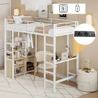 Sweiko Hochbett, 90x200cm , Ohne Matratze, Bett mit Schreibtisch, Mit Steckdose und USB, Mehrere Regale, Offener Lagerschrank, Geländer, Leiter, Eisenrahmen, Weiß