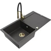 Mexen Leo 1 Becken-Granitspüle mit Abtropffläche und Mischbatterie Aster, Schwarz gesprenkelt - 6501-76-73450-57-G