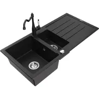 Mexen Andres 1,5-Becken-Granitspüle mit Abtropffläche und Mischbatterie Carla, Schwarz - 6515-77-670700-70
