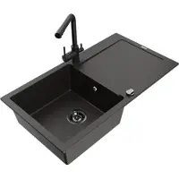 Mexen Leo 1 Becken-Granitspüle mit Abtropffläche und Mischbatterie Duero, Schwarz/Gold metallisch - 6501-75-671600-70-B