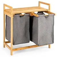 Helloshop26 Wäschekorb - - 64x33x73 cm - Bambus 2 Fächer - 2 abnehmbare Taschen - Obere Ablage