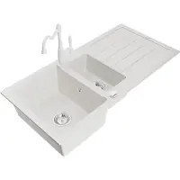 Mexen Andres 1,5-Becken-Granitspüle mit Abtropffläche und Mischbatterie Carla, Weiß - 6515-20-670700-20