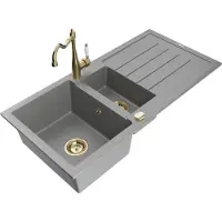 Mexen Andres 1,5-Becken-Granitspüle mit Abtropffläche und Mischbatterie Carla, Grau - 6515-71-670700-50