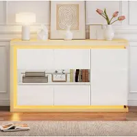 STILVORA Wohnzimmerschrank mit 4 Fächern und LED-Lichtleiste, Kommode mit Türen aus gehärtetem Glas, Hochglanz-Sideboard in Hochglanz für Flur Wohnzimmer und Büro,Beistellschrank