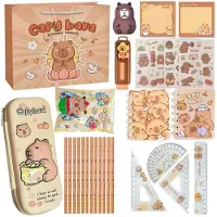 Markenlos Federmäppchen mit Capybara-Motiv und Zubehör, Schrein, Mädchen, Junge, Kawaii, Capybara, Geschenktüte, Bleistift, Aufkleber, Lineal
