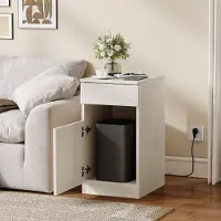 STILVORA Nachttisch MDF Weiß 33x40x61,5 cm mit USB, Steckdose, Schublade & Mülleimer