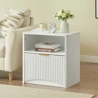 OKWISH Nachttisch aus Spanplatte in Weiß, 58 x 38 x 60 cm, mit offener Ablage, Schublade und leisen Vollauszug-Schienen