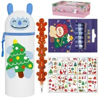 Markenlos 2-in-1 Silikon-Federmäppchen Weihnachts-Schreibset - Kawaii-Federmäppchen, lustige Schulsachen (Yeti + 8 Buntstifte + 10 temporäre Tattoos + Bleistift)