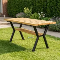 TW REKORD REKORD Gladiator Tek Gartentisch 170 x 65 x 74 cm Wetterfester Parktisch aus Stahl & Holz Robuster Terrassentisch für Garten Park & Gastronomie