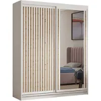 MargaretHadas24 Kleiderschrank Dora mit Lamellen und Spiegel 100 cm inklusive 2 Schiebetüren Schwebetürenschrank (Farbe: weiß, weiß, Lamelle artisan)