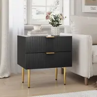 STILVORA Nachttisch MDF/Metall Schwarz 2 Schubladen, moderne Rillenfront