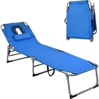 OEM Sitzgelegenheit mit Kopfstütze, klappbarer Strandstuhl, Strandliege mit 5 verstellbaren Rückenlehnen, Gartenliege für Garten, Strand, 194 x 60 x 36 cm (blauw)
