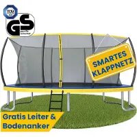 Zero Gravity Trampolin 457x305 cm inkl. Leiter & 4 Bodenanker / Schneller Auf- und Abbau dank smartem Klappnetz / Max. 130 kg / Ultima 5 Fun-Edition
