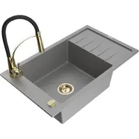Mexen Elias 1 Becken-Granitspüle mit Abtropffläche und Mischbatterie Aster, Grau - 6511-71-73450-57-G