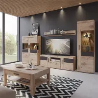 Lomadox Wohnzimmer Set Wohnwand & Couchtisch in Eiche mit Grau, inkl. Beleuchtung, 5-teilig - GRAHAM-129