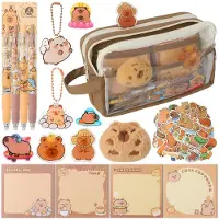 Markenlos Schreibset im Capybara-Design mit Gelstiften, Stickern, Haftnotizen, Büroklammern, Etiketten und Stecknadeln. Eine tolle Geschenkidee für Geburtstage und Partys für Mädchen und Jungen.