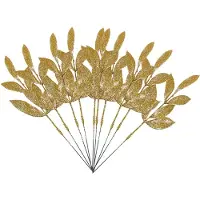 Markenlos Weihnachtsblatt Picks 10 Stück Glitzernde Künstliche Stiele Gold für Kränze, Blumenarrangements, Tischdekoration und Weihnachtsbaum