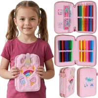 Sarcia.eu Sweet Dreams Plüsch-Federmäppchen mit zwei Fächern und Zubehör für Mädchen, aufklappbares Schul-Federmäppchen, 33-teilig, 2 Reißverschlüsse