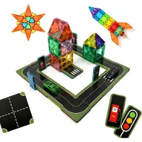 Relaxdays Magnetbausteine Set, 72 Teile, Straßen, Autos & Schilder, Lernspielzeug ab 3, Magnetspiel Stadt, ABS, schwarz