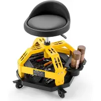 Vevor Werkstatthocker mit Rollen und Rückenlehne Höhenverstellbarer Montagehocker 62-77 cm Werkstattsitz 360° Drehbar Werkzeugablage Gepolsterter Rollsitz Schwarz Gelb bis 150 kg Belastbar