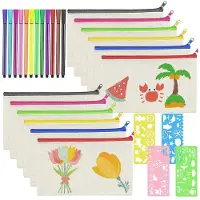 Markenlos 12 handgefertigte Stoffbeutel, Federmäppchen aus Canvas zum Bemalen, Taschen zum Bemalen mit 12 Buntstiften und 4 Zeichenschablonen, Kosmetiktasche zum Bemalen für Bastelprojekte, Kinderpartys
