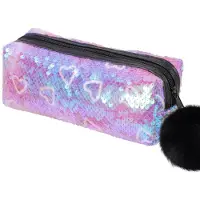 Markenlos Paillettenbesetztes Federmäppchen für Mädchen, flauschige Tasche mit Reißverschluss und Anhängern, holografisches Federmäppchen, glitzernde Schulsachen, Glitzer-Kosmetiktasche (lila, Herz)