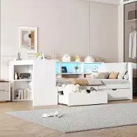 OEM Holz-Plattformbett 90x200 mit Holzplatten, Schubladen, Ladestation und gepolstertem Kopfteil, mit farbenfroher LED-Beleuchtung, weiß