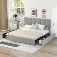 OEM Gestoffeert Kingsize-Plattformbett mit vier Schubladen, verstellbarer Kopfteil, Grau, 160x200 cm