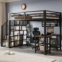 OEM Met hoogslaper, ijzeren bed, trap en opbergrek, lattenbodems, ijzer + spaanplaat, zwart, 120 x 200 cm