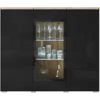 Mirjan 24 Türkommode Vera 120, Stilvoll Wohnzimmer, Kommode mit drei Drehtüren (Farbe: Wotan Eiche / Schwarz Hochglanz, mit weißer LED Beleuchtung)