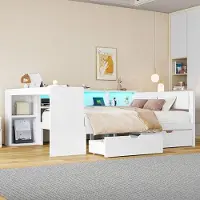 OEM Holz-Plattformbett 140x200 mit Holzplatten, Schubladen, Ladestation und gepolstertem Kopfteil, mit farbenfroher LED-Beleuchtung, weiß