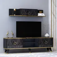 Homidea Sophia TV-Lowboard TV-Schrank Wohnwand mit 2 Türen und Wandregalen Hochglanz Design (Schwarz)