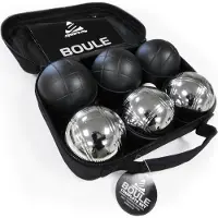 Happy Plugs Boule-Set mit Tragetasche, 73 mm Kugeln, Schwarz/Verchromt, inkl. Jack, Maßband & Regelbuch